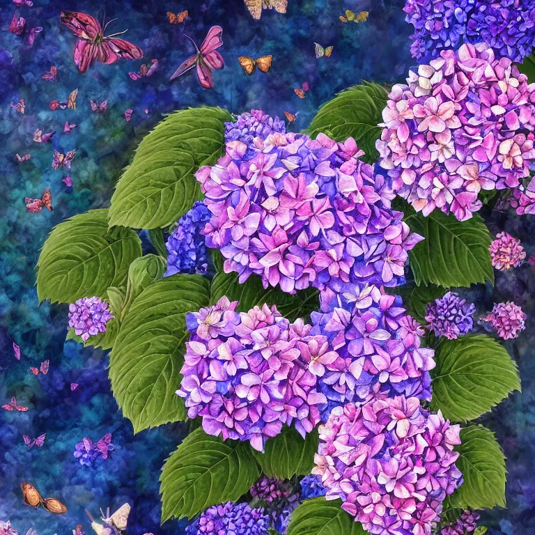 Prompt: a beautiful painting of hydrangea which consists of all sorts of exotic butterflies, clematis theme logo, exotic butterflies theme, exotic butterflies design, clematis in the deep sea, clematis like stars in the sky, hydrangea, landscape of the mountain valley in the background, trending on artstation, warm light, fantasy art, 8 k resolution, highly detailed