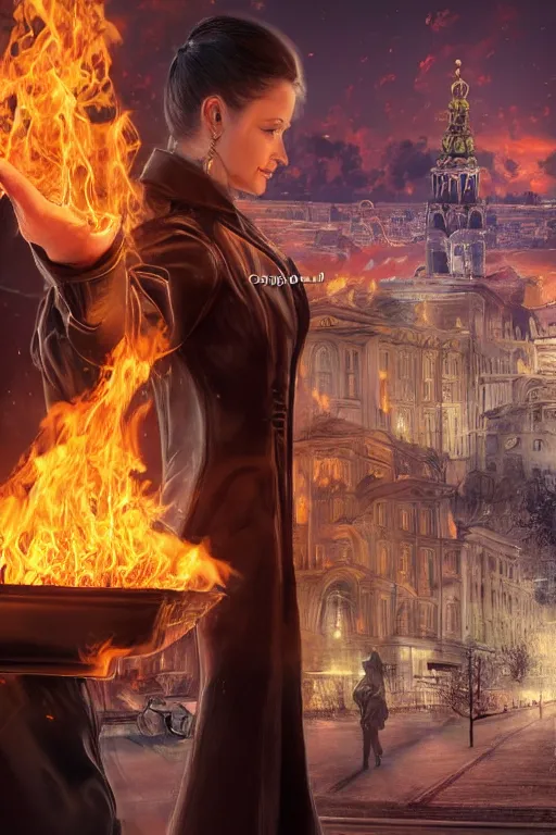 Prompt: !dream in the foreground a street of Saint Petersburg, in the background a blonde woman from behind with flames coming out of her hands wearing a long jacket like a matrix, realistic, high definition, many details, dramatic scene, detailed and realistic hands, face symmetrical, realistic eyes, art of D&D