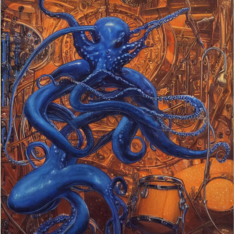 Image similar to a beautiful vinyl cover by donato giancola of an octopus playing drums and telecaster guitar in an electronic concert, dark background, concert light, dark mood, cold blue lights