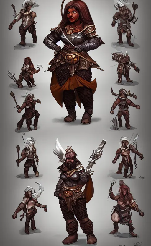 Prompt: Dungeons and dragons character art, dwarf woman, dark skin, battleaxe, wearing armor, trending on artstation