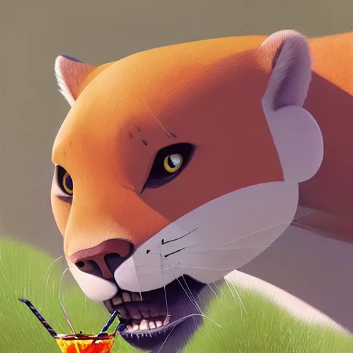 Prompt: goro fujita ilustration a little cougar drinks on the grass by goro fujita, painting by goro fujita, sharp focus, highly detailed, national geographic