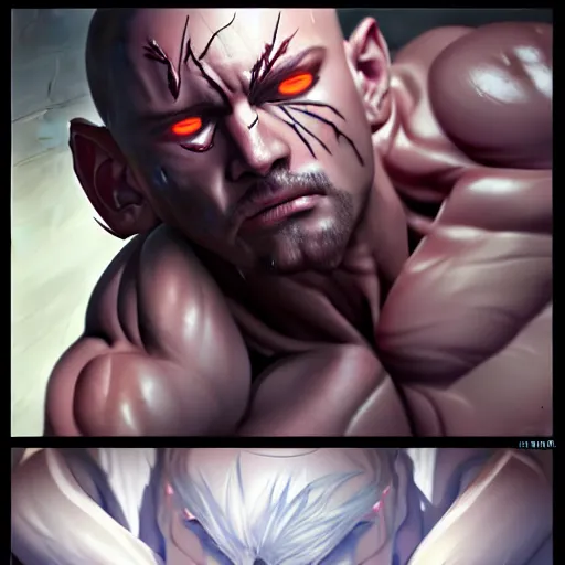 Prompt: bodybuilder covered in scars screenshot anime, shame focus, intricate, illustration, cell shaded, digital painting, highly detailed, concept art, matte, art by ilya kuvshinov and kyoto animation and wlop, anime character by league of legends, riot lol, and greg rutkowski, studio quality, masterpiece