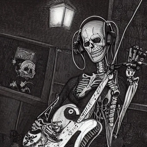 Prompt: skeleton wearing headphones, watching girl playing guitar while her black cat standing next to her, detailed intricate ink illustration, dark atmosphere, detailed illustration, hd, 4k, digital art, overdetailed art, by greg rutkowski, by loish, complementing colors, Trending on artstation