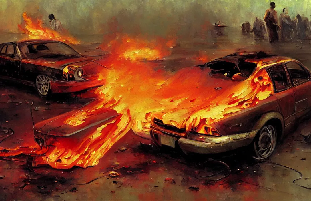 Prompt: abandoned car on fire, detailed painting, epic lighting, by ilya repin, phil hale and kent williams