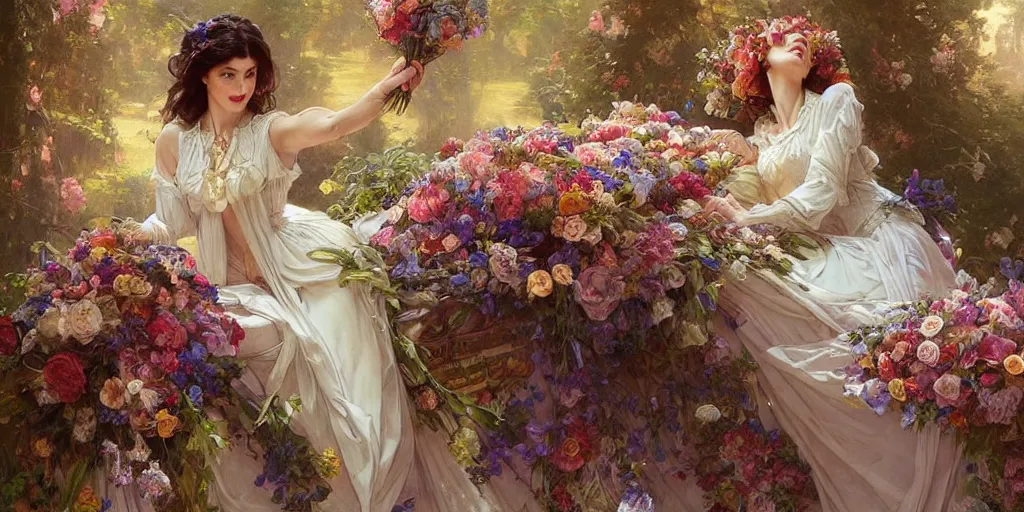 Image similar to portrait of a beautiful mysterious woman holding a large bouquet of flowing flowers, lying in an elaborate coffin, fantasy, regal, intricate, by stanley artgerm lau, greg rutkowski, thomas kindkade, alphonse mucha, loish, norman rockwell