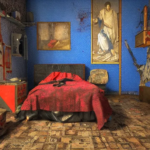 Prompt: male christian artist's messy, cluttered, dirty bedroom with black wallpaper with blue floral pattern and a large bold red christian cross on the wall. items covering floor. realistic, highly detailed, sharp focus, volumetric lighting, full shot, wide view, unreal engine, art by vittore carpaccio