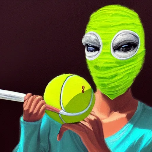 Prompt: a tennis ball monster with a tennis racquet, bust shot, angel cherub, gold necklace chain, balaclava, face covered, smooth, intricate, elegant, power aura, digital painting, artstation, concept art, sharp focus, illustration, art by basil gogos - h 6 4 0