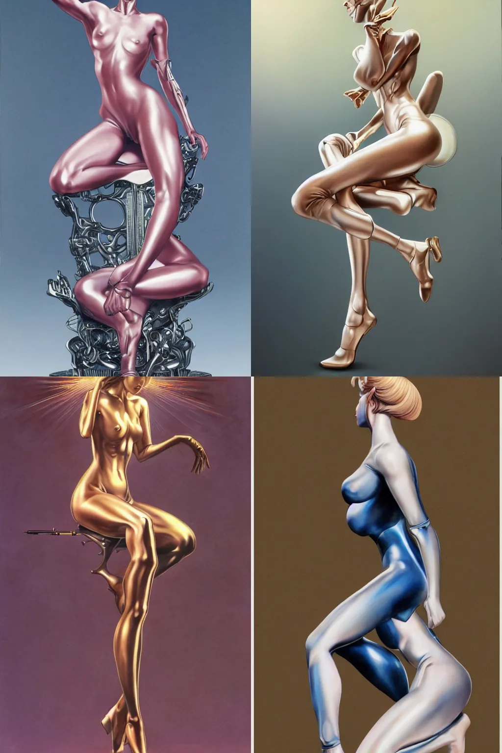 Prompt: an beautiful airbrush painting of a nice looking female android with beautiful forms, seated legs spread over a crafted throne in a fantasy scenery, by hajime sorayama, boris _ vallejo and nobuyoshi araki, photorealistic, coherent, trending on artstation,