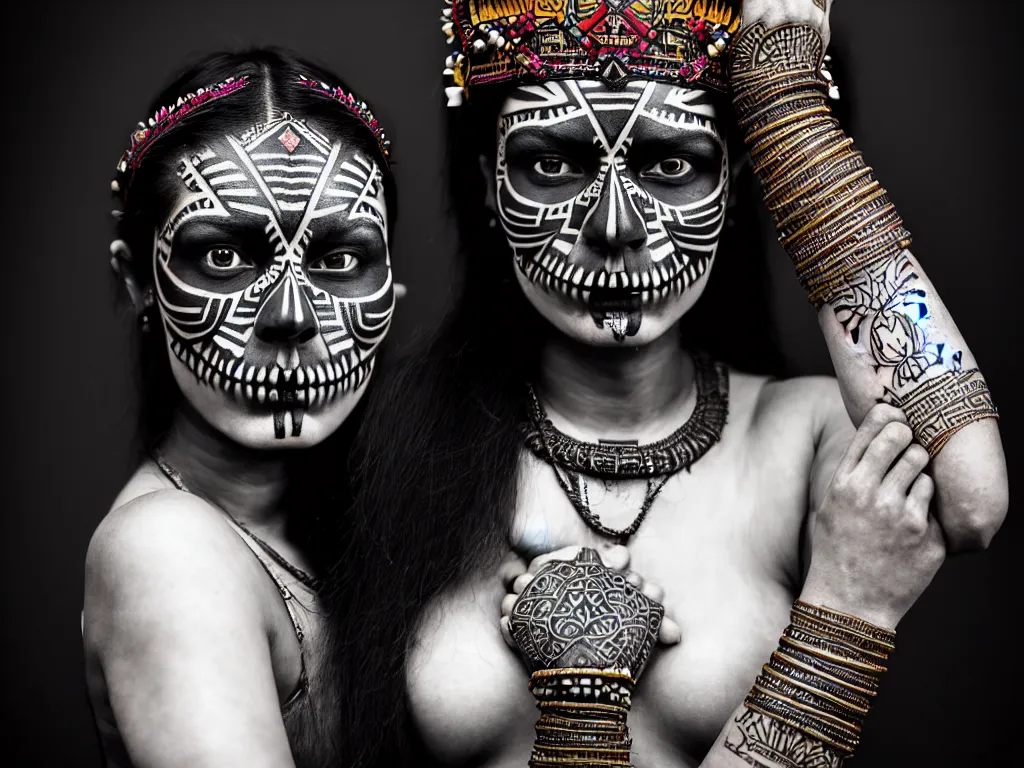 Image similar to photorealistic head and shoulders photo of beautiful female ornate fantasy indian tribal aztec warrior goddess, confident, minimal black skull warpaint, tattoos, Neil Blevins, James Paick, Natasha Tan, Maciej Kuciara, Frank frazetta, arney freytag, Ritu Kumar, Sabyasachi Mukherjee, Annie Leibowitz, bokeh, 4k, fashion pose, cinematic, National Geographic photo shoot, dramatic, 28mm