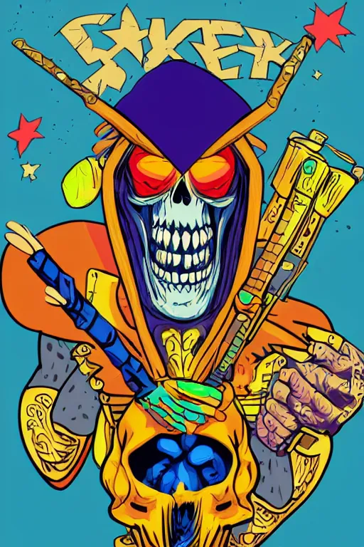 Image similar to rockstar skeletor, art by brian miller, sticker, colorful, illustration, highly detailed, simple, smooth and clean vector curves, no jagged lines, vector art, smooth