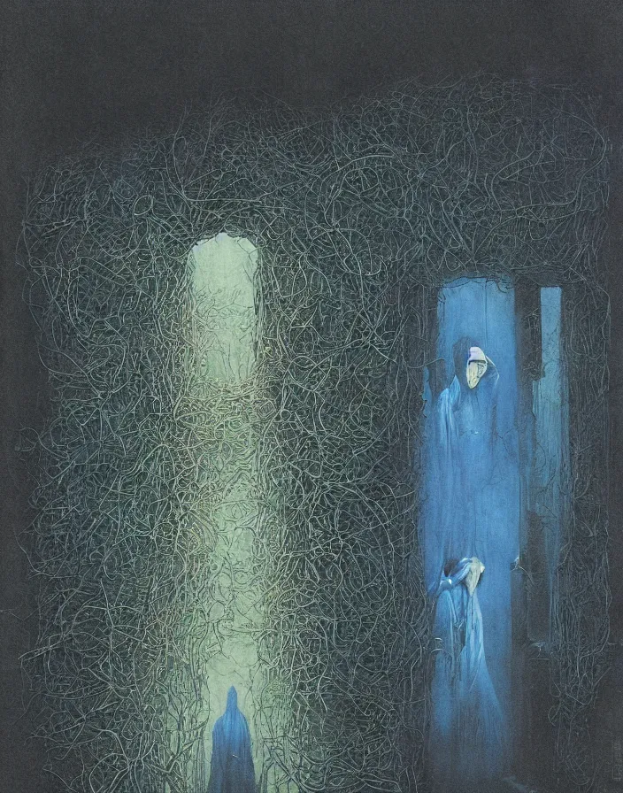 Image similar to worshippers in robes entering the door of the light house, going through the door, high detailed beksinski painting, part by adrian ghenie and gerhard richter. art by takato yamamoto. masterpiece, deep colours, blue