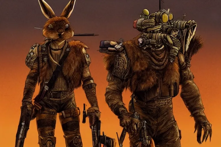 Image similar to a good ol'jackrabbit fursona ( from the furry fandom ), heavily armed and armored facing down armageddon in a dark and gritty version from the makers of mad max : fury road. witness me.