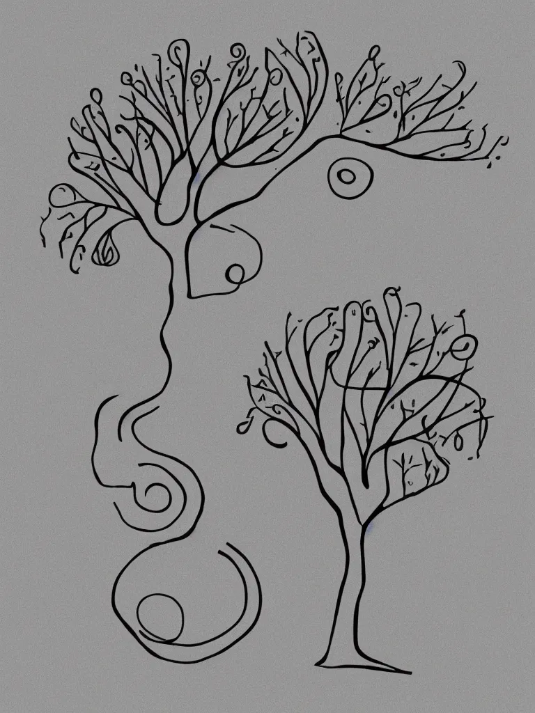 Prompt: minimal single line drawing of an acorn growing into a tree in shape of treble clef, splash of color, vector art