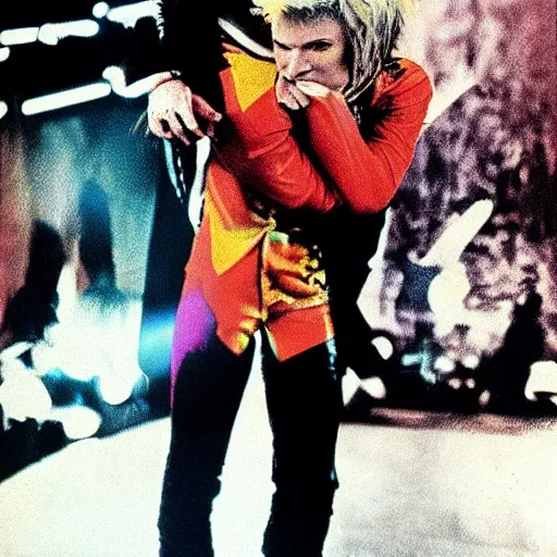 Prompt: david bowie from changes giving a piggy back ride to ziggy stardust. glam rock. colorful. by andy warhol