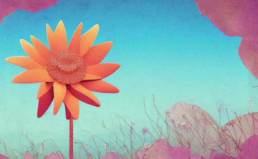 Prompt: one single stand alone huge hyperdetailed minimalist elaborate flower, seen from the long distance. by the sea. maximalist unexpected elements. free sky in plain natural warm tones. 8 x 1 6 k hd mixed media 3 d collage in the style of a childrenbook illustration in pastel tones. matte matte background. no frame hd