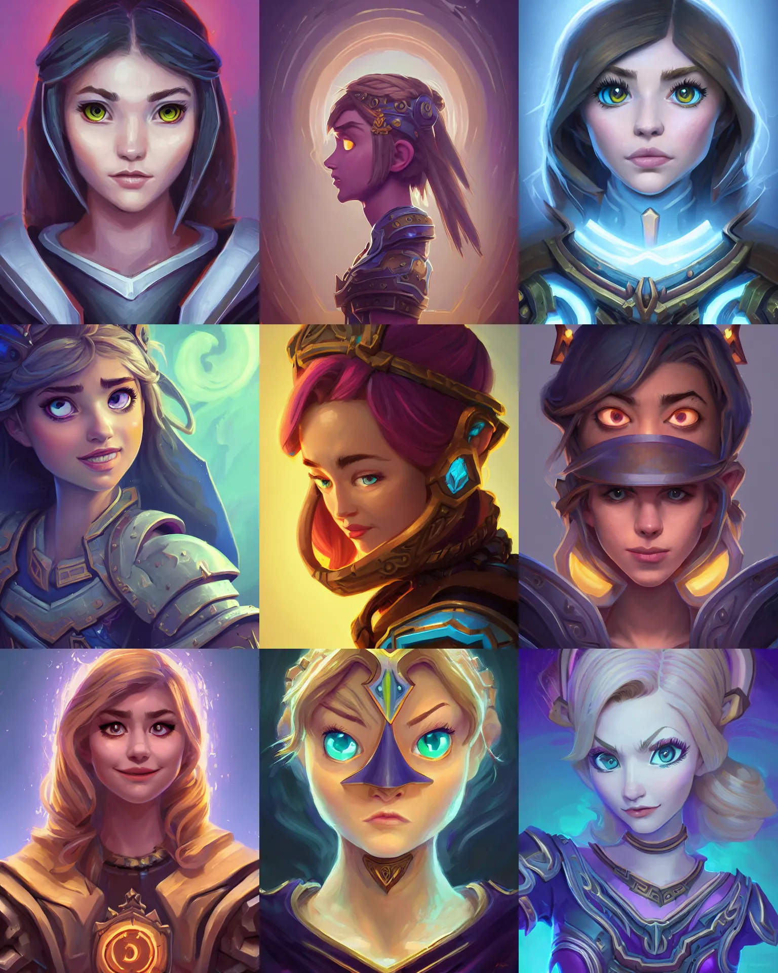 Prompt: masterpiece head-on symmetrical centered painted portrait, just one head, Imogen Poots as Hearthstone paladin, RPG character avatar, Hearthstone concept art, pixar, dreamworks, gradient background, splash comics, global illumination lighting, trending on artstation, by lois van baarle, ilya kuvshinov, rossdraws