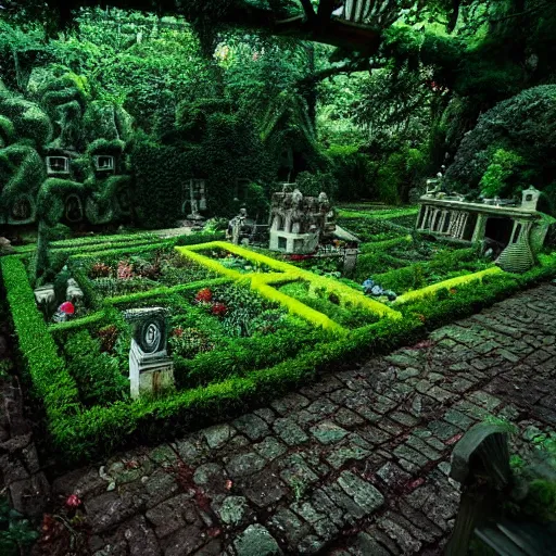 Prompt: projector showing a garden made by hp lovecraft, photography,