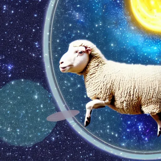 Image similar to a sheep flying through space and time