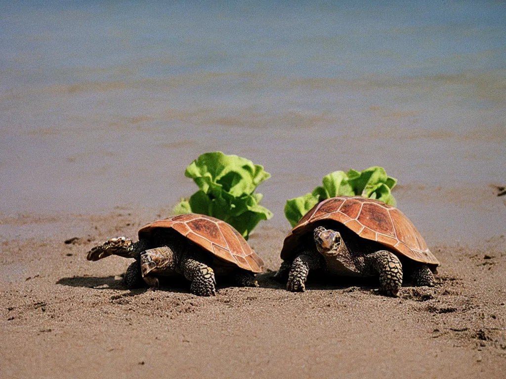 Image similar to one tortoise eating lettuce on a beach, cinestill 900t 50mm, very detailed