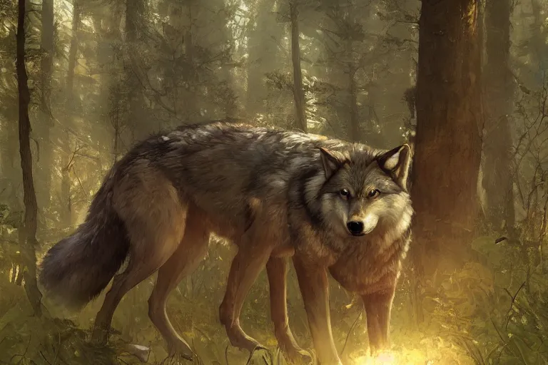 Image similar to wolf in the forest, stylized, sunlit, paint texture, digital painting, highly detailed, artstation, sharp focus, illustration, concept art, ruan jia, charlie bowater, tom bagshaw, norman rockwell