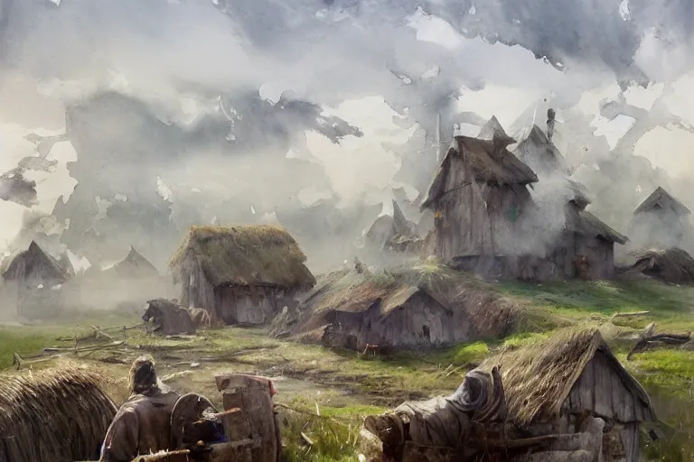 Image similar to paint brush strokes, abstract watercolor painting of rustic village, thor arrival to ragnarok, mysterious mythology, medieval straw roof, midgard, viking age, fog, ambient lighting, art by hans dahl, by jesper ejsing, art by anders zorn, wonderful masterpiece by greg rutkowski, cinematic light, american romanticism by greg manchess, creation by tyler edlin