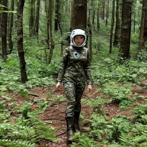 Image similar to a female space scout wearing a camo uniform with white armor exploring a forest planet