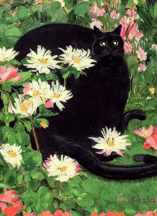 Prompt: vintage beautiful painting of a black cat in a garden in Mary Cassatt style