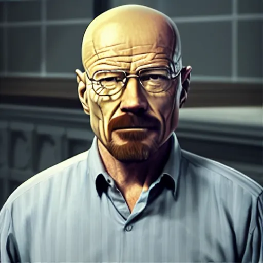 Image similar to Live Action Still of Walter White without a beard or facial hair, with no facial hair and completely clean shaven, with no beard, no beard, no facial hair, clean shaven, real life, hyperrealistic, ultra realistic, realistic, highly detailed, detailed, very detailed, cool, ultra detailed, very realistic, trending on artstation, epic, HD quality, 8k resolution, body and headshot, film still, real, detailed face, very detailed face, real life