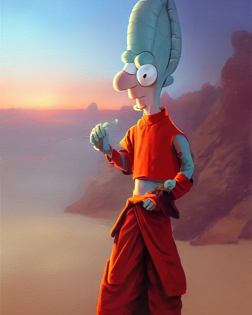 Image similar to [ squidward ] wearing fire nation clothing and practicing firebendingoutside at susnset, oil painting, highly detailed, intricate, hd, sharp focus, photorealistic, by moebius and greg rutkowski, trending on artstation, trending on cgsociety, realistic shading and lighting