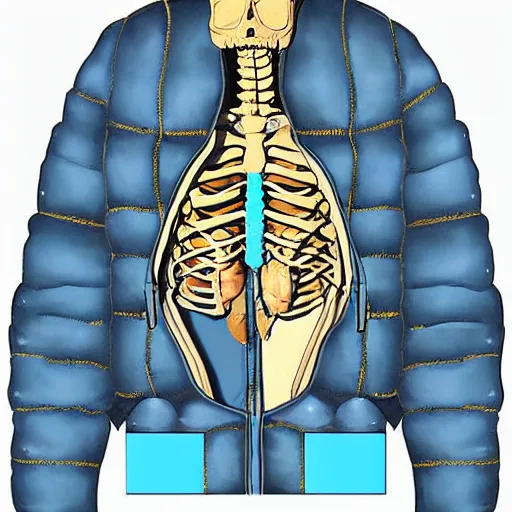 Prompt: wide skeleton wearing blue puffy jacket, classic painting