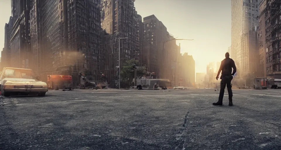 Image similar to the german shepherd of i am legend in new york, graphic novel style, octane render, unreal engine, sundown, empty streets