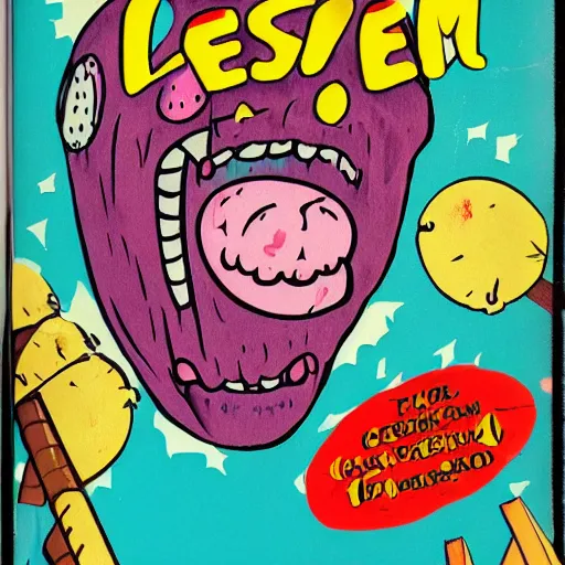 Prompt: ice cream monster man laughing, 1 9 8 6 horror painted art book cover, thick lines