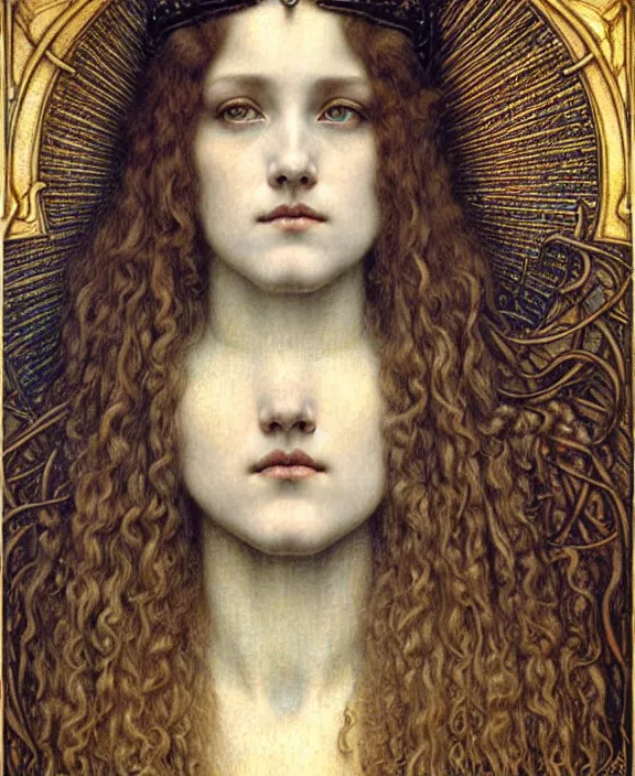 Image similar to detailed realistic beautiful young medieval queen face portrait by jean delville, gustave dore and marco mazzoni, art nouveau, symbolist, visionary, gothic, pre - raphaelite. horizontal symmetry