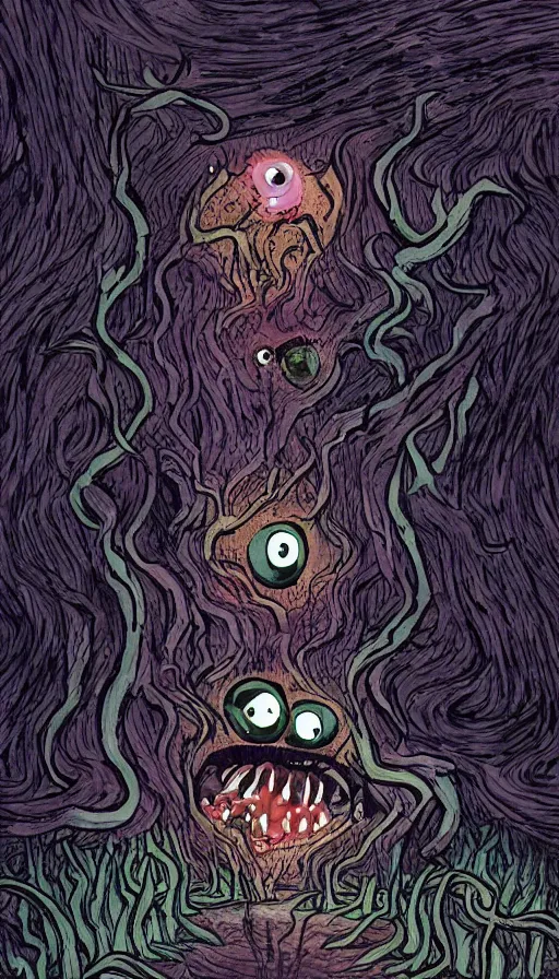 Image similar to a storm vortex made of many demonic eyes and teeth over a forest, by rebecca sugar