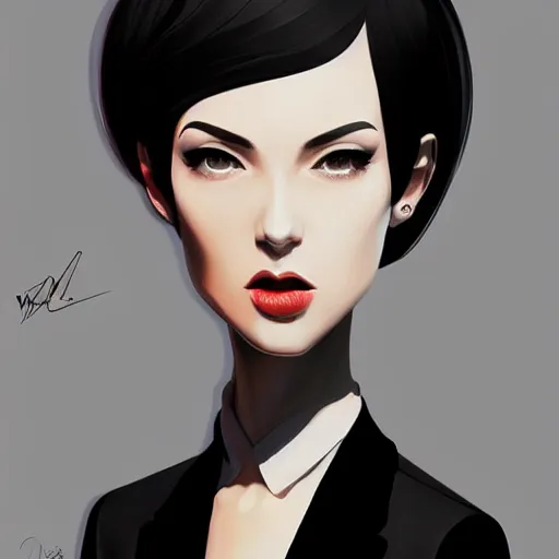 Image similar to beautiful slim cruel business girl in tuxedo with black bob hair, elegant, 2d, ultra highly detailed, digital painting, smooth, sharp focus, artstation, trending on artstation, art by Ilya Kuvshinov