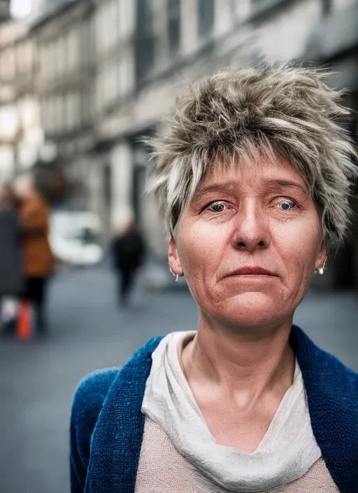 Prompt: Mid-shot portrait of a 50-year-old woman from Norway with short hair, candid street portrait in the style of Martin Schoeller award winning, Sony a7R