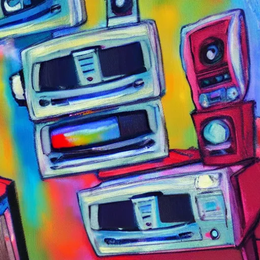 Image similar to array of crt televisions, fuzzy, tv static, antenna, stacked, polaroid, steroids, adult video store, impressionist painting, painting, acrylic painting, cell shaded