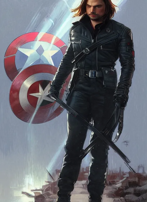 Image similar to sebastian stan as the winter soldier, painting by artgerm and greg rutkowski and alphonse mucha