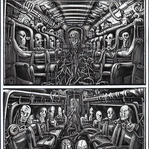 Prompt: an evil and grotesque school bus full of tortured souls. h. r. giger, h. p lovecraft, surrealism, highly detailed