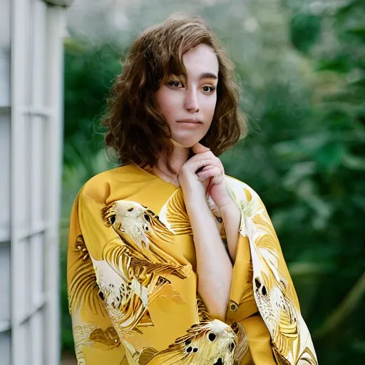 Image similar to head to shoulder portrait film photograph of an elegant top model wearing a yellow kimono with a very detailed barn owl on her shoulder!!! in a tropical greenhouse. looking at the camera!!. super resolution. 85 mm f1.8 lens.bokeh. graflex. art by Alessio albi and ashley wood and Edmund Blair Leighton ! -