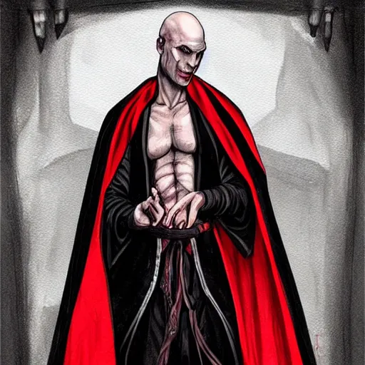 Prompt: d & d painting portrait necromancer man with bald head, red eyes, pallid skin, long flowing black and red robes. in style of randy vargas