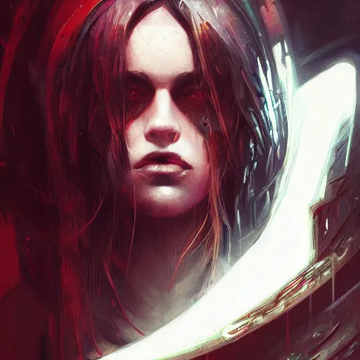 Image similar to young beautiful woman, cyberpunk, glowing eyes, high detail, dramatic light, digital art, dark, painted by seb mckinnon and greg rutkowski, trending on artstation