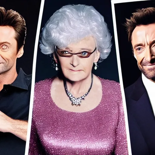 Prompt: hugh jackman as the characters in the golden girls TV show, 8K, highly detailed, photo realistic