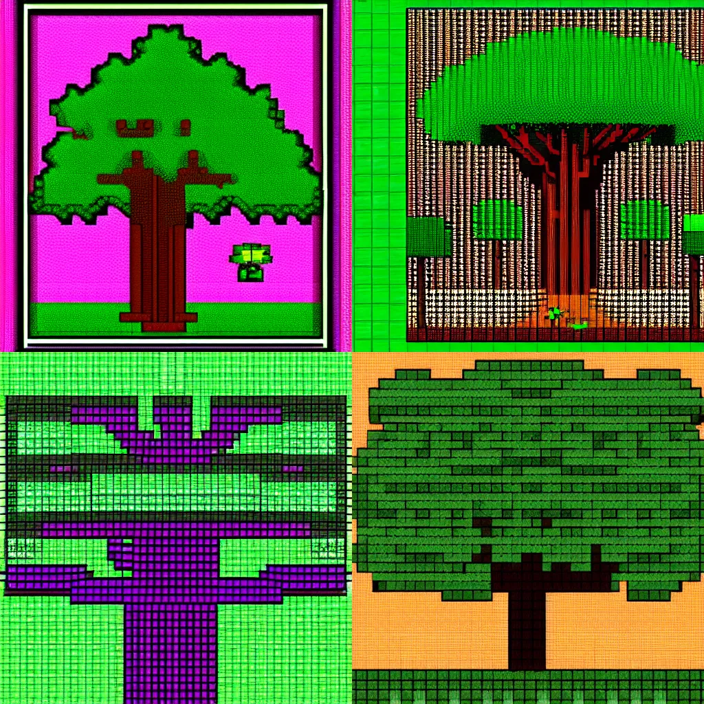 Prompt: big green tree, in the style of pixel art, 8-bit, 16-bit, snes, no grid lines, no screen-door effect, no tiling, Matej ‘Retro’ Jan, sprite, clean blocks