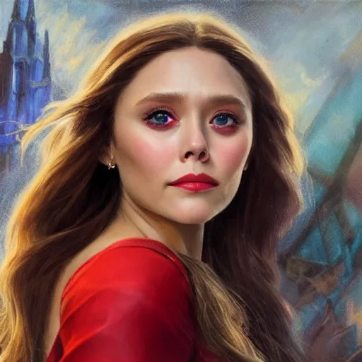 Image similar to ultra realistic portrait painting of elizabeth olsen as scarlet witch, art by frank frazetta, 4 k, ultra realistic, highly detailed, epic lighting.
