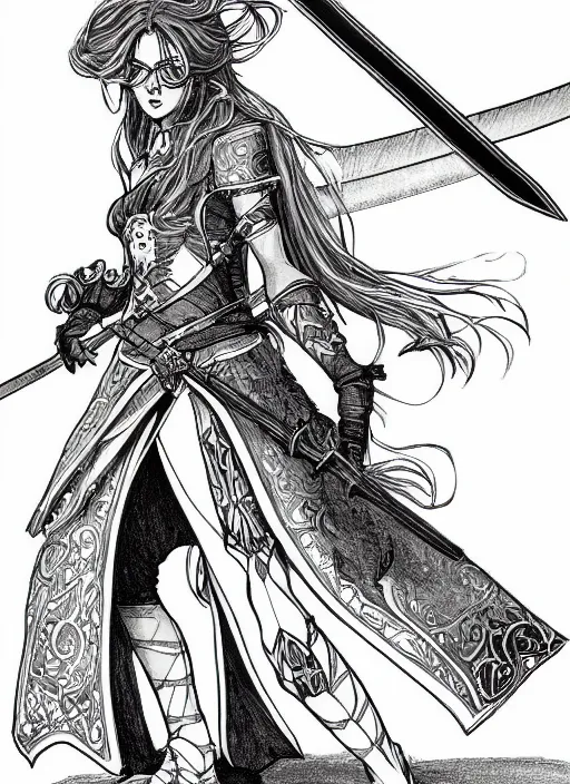 Prompt: a character lineart of a beautiful swordmaid, drawn with pencil, comic art, outlines, intricate, black and white,