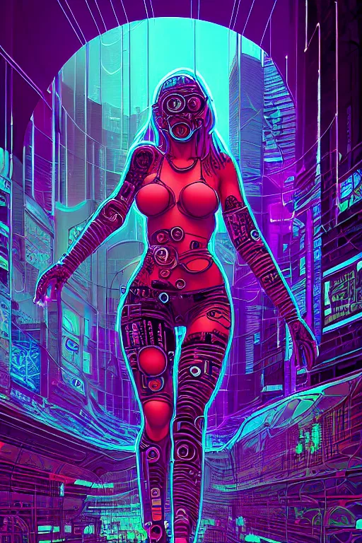 Image similar to dreamy cyberpunk girl full body shot, abstract background, digital nodes, beautiful woman, detailed acrylic, grunge, intricate complexity, by dan mumford and by jonathan solter