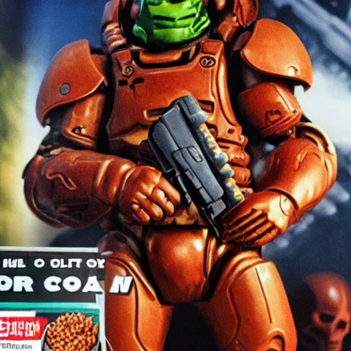 Prompt: still of Doom cereal TV commercial with Doomguy