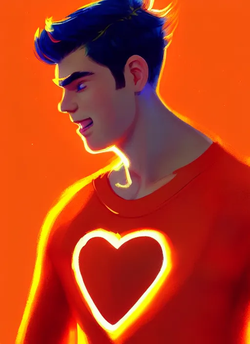 Prompt: kind teenage archie andrews wearing an orange superhero costume, heart emblem, intricate, elegant, glowing lights, highly detailed, digital painting, artstation, sharp focus, illustration, art by wlop, mars ravelo and greg rutkowski