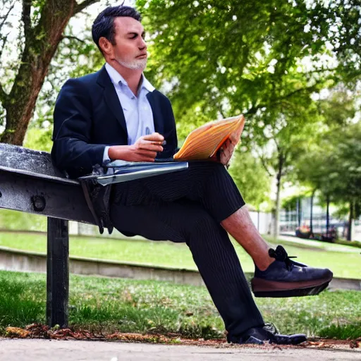 Image similar to A businessman is sitting on a bench eating lunch in a park. A tall ladder lurks menacingly behind him. A tall ladder lurks menacingly behind him. , shadows, realistic, 4k